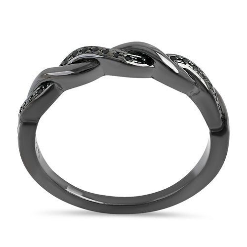 Sterling Silver Black Rhodium Plated Braided with Black CZ Ring