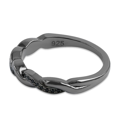 Sterling Silver Black Rhodium Plated Braided with Black CZ Ring