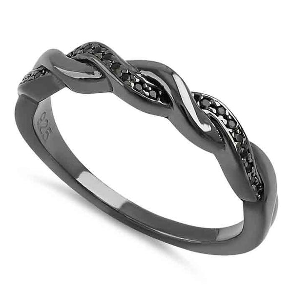 Sterling Silver Black Rhodium Plated Braided with Black CZ Ring