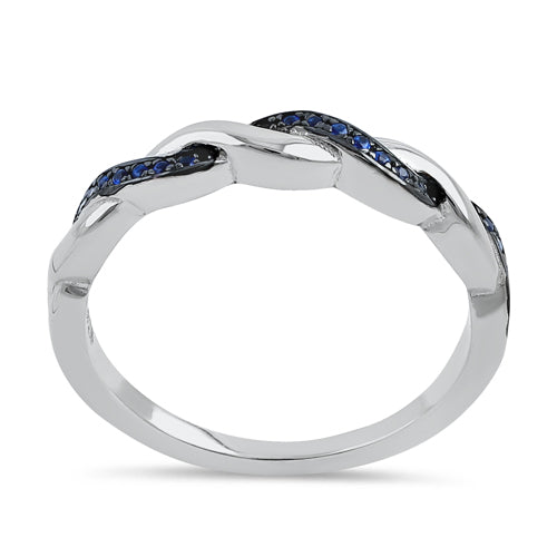Sterling Silver and Black Rhodium Plated Braided with Blue CZ Ring