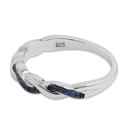 Sterling Silver and Black Rhodium Plated Braided with Blue CZ Ring