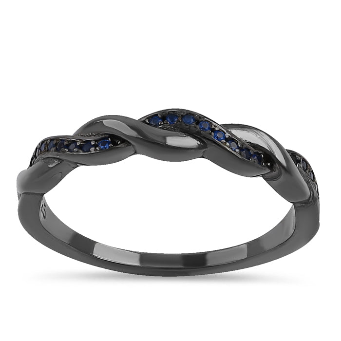Sterling Silver Black Rhodium Plated Braided with Blue CZ Ring