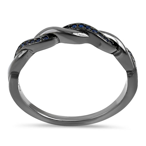Sterling Silver Black Rhodium Plated Braided with Blue CZ Ring