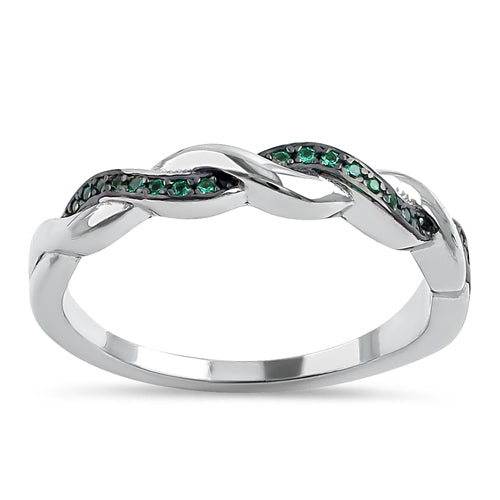 Sterling Silver and Black Rhodium Plated Braided Green CZ Ring