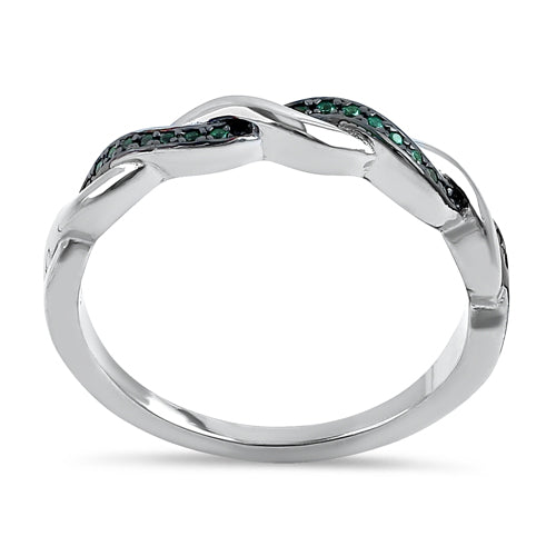 Sterling Silver and Black Rhodium Plated Braided Green CZ Ring