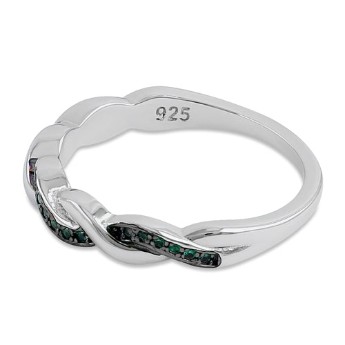 Sterling Silver and Black Rhodium Plated Braided Green CZ Ring