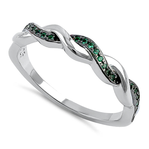 Sterling Silver and Black Rhodium Plated Braided Green CZ Ring