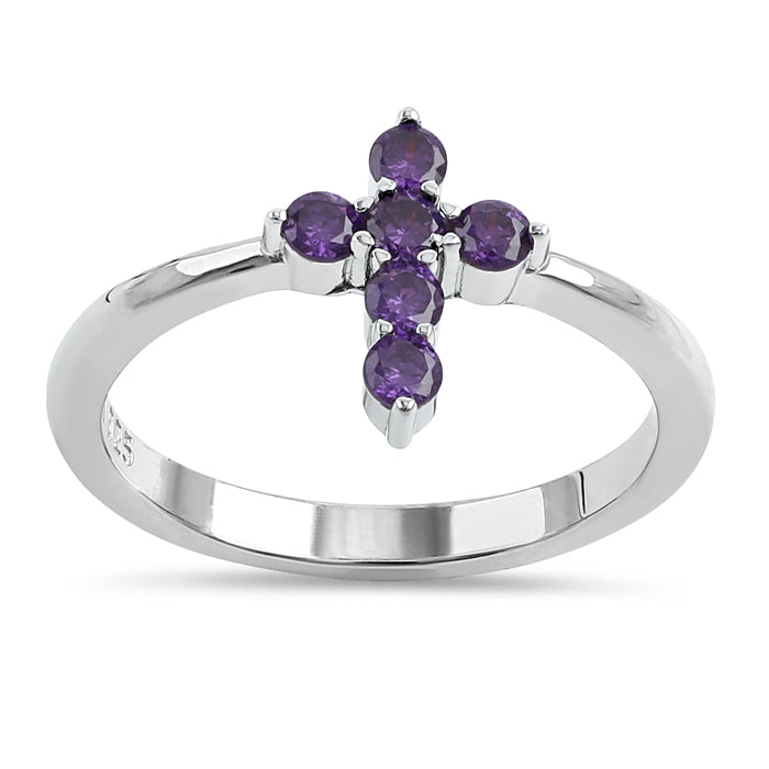 Sterling Silver Cross Amethyst CZ Ring