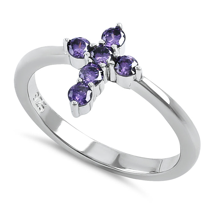 Sterling Silver Cross Amethyst CZ Ring