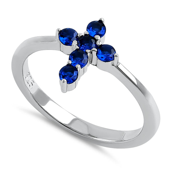 Sterling Silver Cross Blue CZ Ring