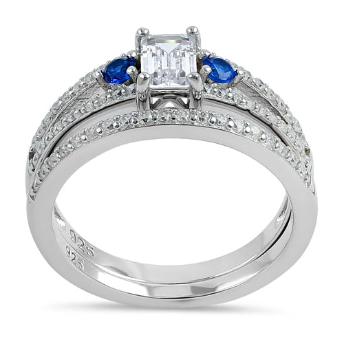 Sterling Silver Clear and Blue CZ Wedding Set Ring