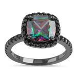 Sterling Silver Black-Rhodium Cushion-Cut Rainbow CZ Ring