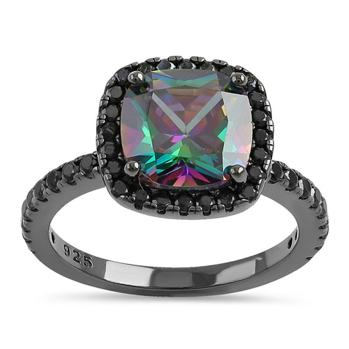 Sterling Silver Black-Rhodium Cushion-Cut Rainbow CZ Ring