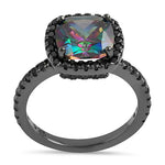 Sterling Silver Black-Rhodium Cushion-Cut Rainbow CZ Ring