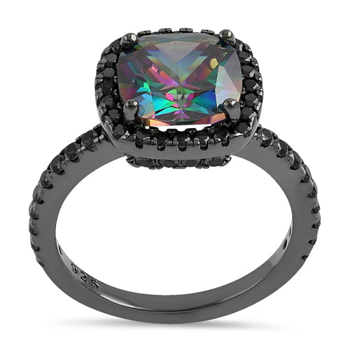 Sterling Silver Black-Rhodium Cushion-Cut Rainbow CZ Ring