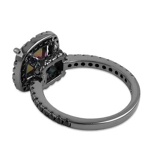 Sterling Silver Black-Rhodium Cushion-Cut Rainbow CZ Ring