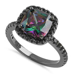 Sterling Silver Black-Rhodium Cushion-Cut Rainbow CZ Ring
