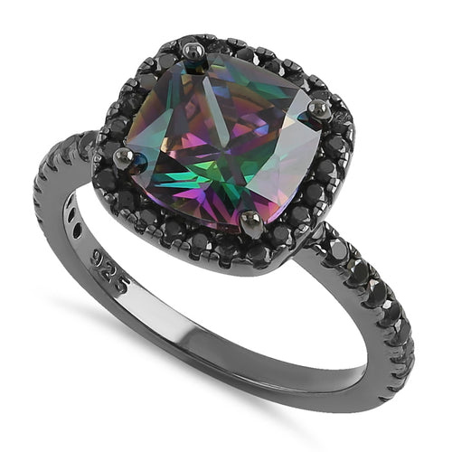 Sterling Silver Black-Rhodium Cushion-Cut Rainbow CZ Ring