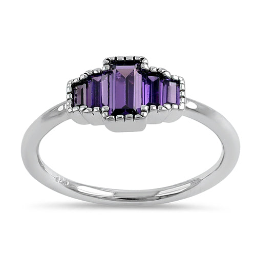 Sterling Silver Five Baguette Cut Amethyst CZ Ring