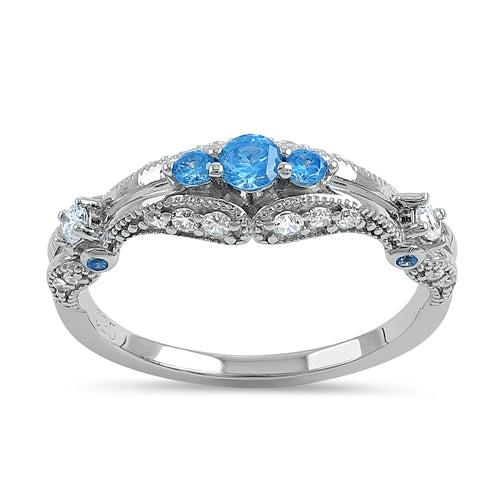 Sterling Silver Filigree Blue Topaz CZ Ring