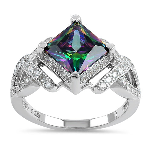 Sterling Silver Large Rainbow Princess CZ Pave Ring