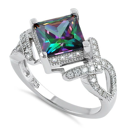 Sterling Silver Large Rainbow Princess CZ Pave Ring