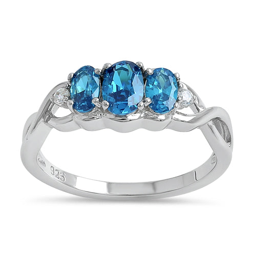 Sterling Silver Triple Oval Blue CZ Ring