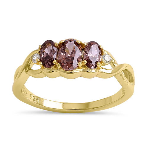 Sterling Silver Gold Plated Triple Oval Brown CZ Ring