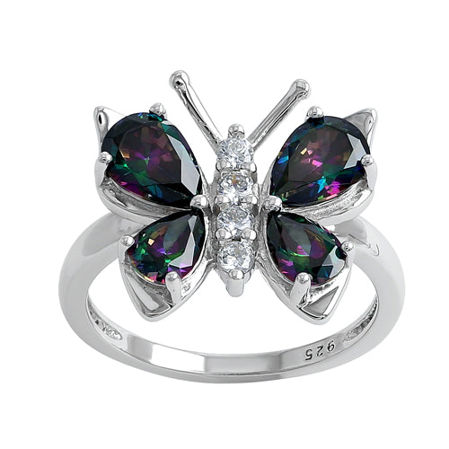 Sterling Silver Large Rainbow CZ Butterfly Ring