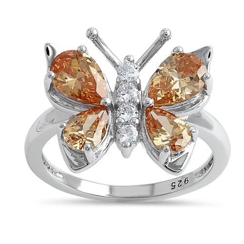 Sterling Silver Large Champagne CZ Butterfly Ring