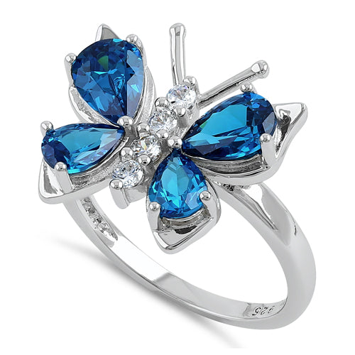 Sterling Silver Large Blue Topaz CZ Butterfly Ring