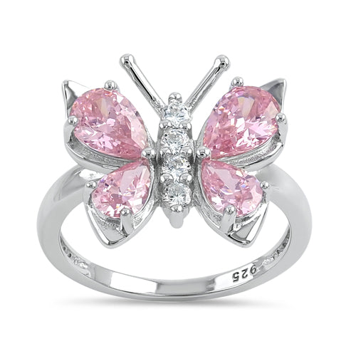 Sterling Silver Large Pink CZ Butterfly Ring