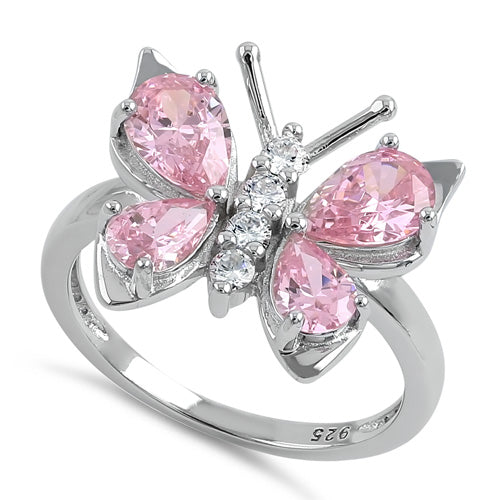 Sterling Silver Large Pink CZ Butterfly Ring