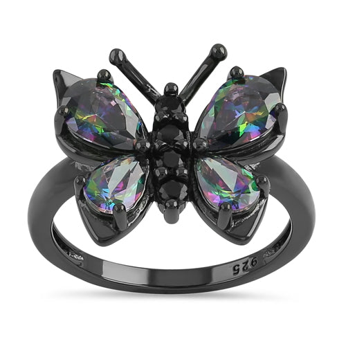 Sterling Silver Black Rhodium Large Rainbow CZ Butterfly Ring