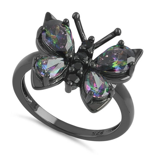 Sterling Silver Black Rhodium Large Rainbow CZ Butterfly Ring