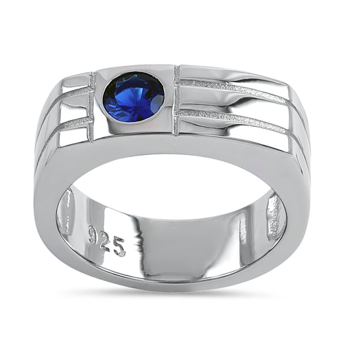 Sterling Silver Men's Offset Round Cut Blue CZ Ring