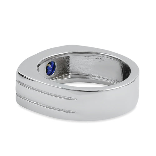 Sterling Silver Men's Offset Round Cut Blue CZ Ring