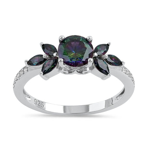 Sterling Silver Flower Leaves Rainbow CZ Ring