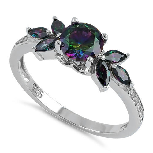 Sterling Silver Flower Leaves Rainbow CZ Ring
