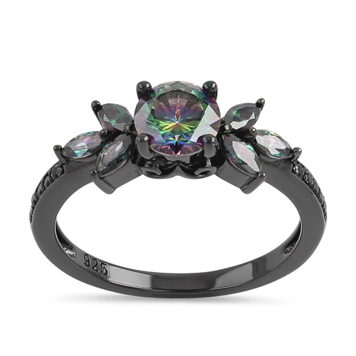Sterling Silver Black Rhodium Flower Rainbow CZ Ring