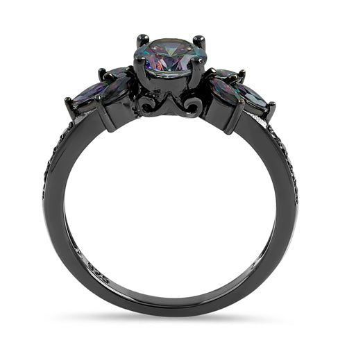 Sterling Silver Black Rhodium Flower Rainbow CZ Ring