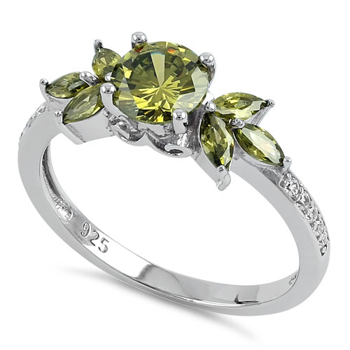 Sterling Silver Flower Leaves Peridot CZ Ring