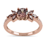 Sterling Silver Rose-Gold Flower Leaves Brown CZ Ring