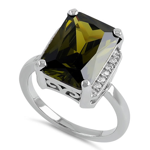 Sterling Silver Big Peridot Rectangle CZ Ring