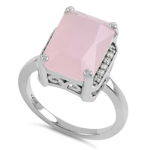 Sterling Silver Big Pink Glass Rectangle Ring