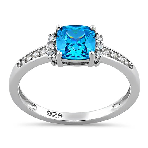 Sterling Silver Cushion Blue Topaz CZ Ring