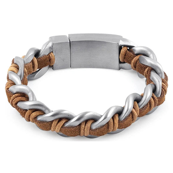 Stainless Steel Chain Brown Leather Bracelet