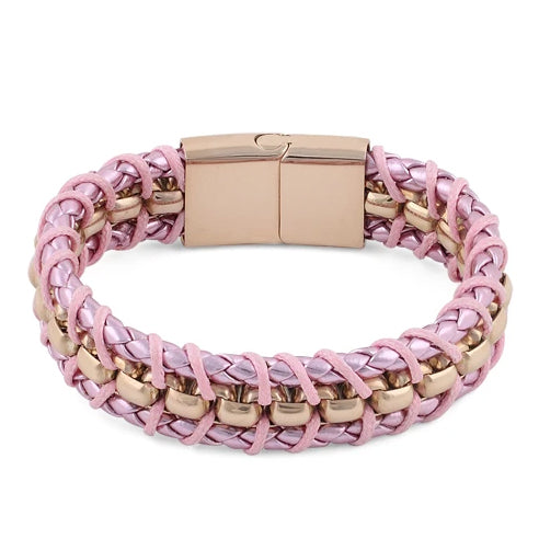 Rose Gold Plated Steel Chain Pink Leather Bracelet