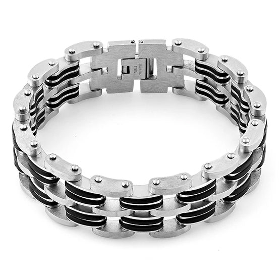 Stainless Steel Black Rubber Link Bracelet