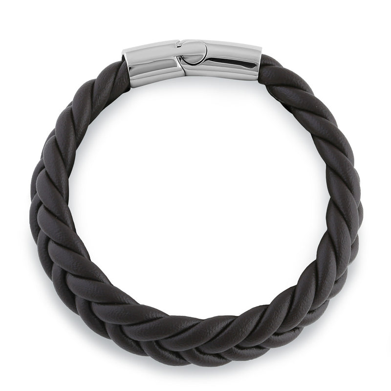 Stainless Steel Brown Leather Twist Bracelet